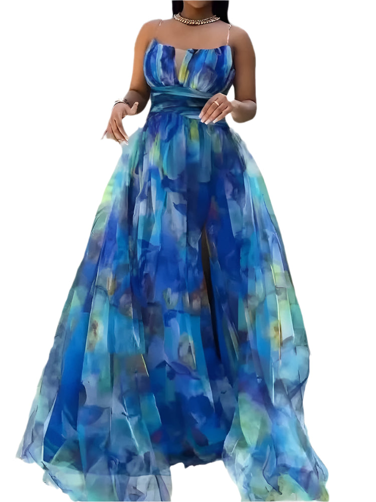 Lyra Mesh Patchwork Split Sling Print Maxi Dress