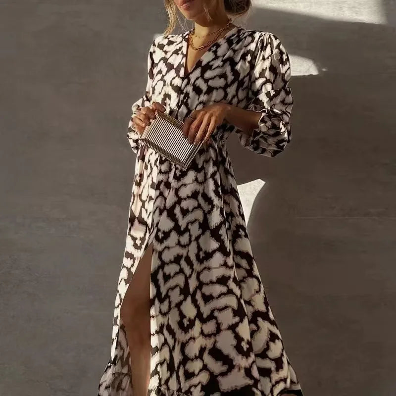 Eva V-Neck Pleated Printing Maxi Dresses
