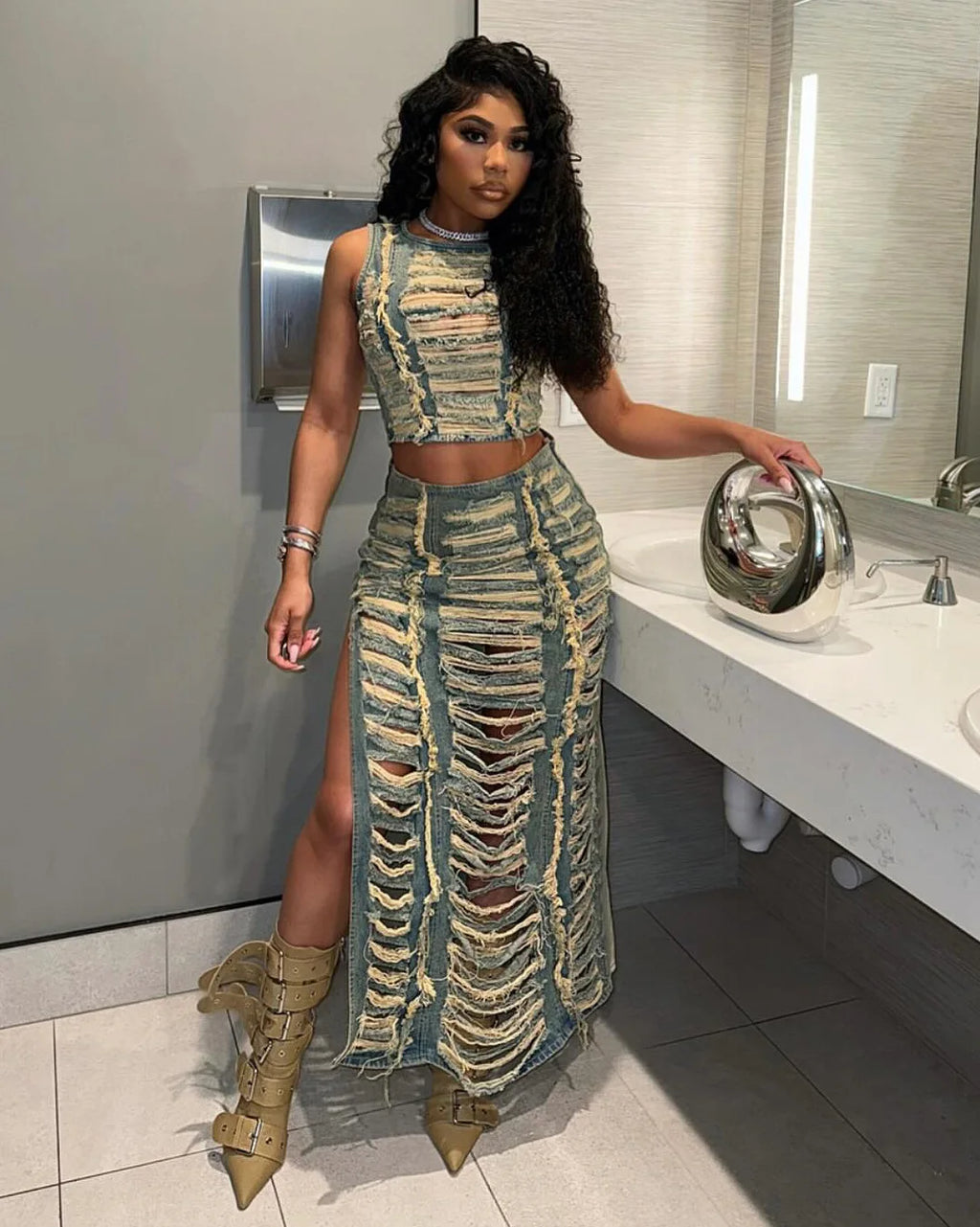 Denim Ripped Vest Slit Skirt Set