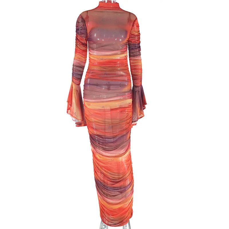 Colorful Ruched Mesh Dress