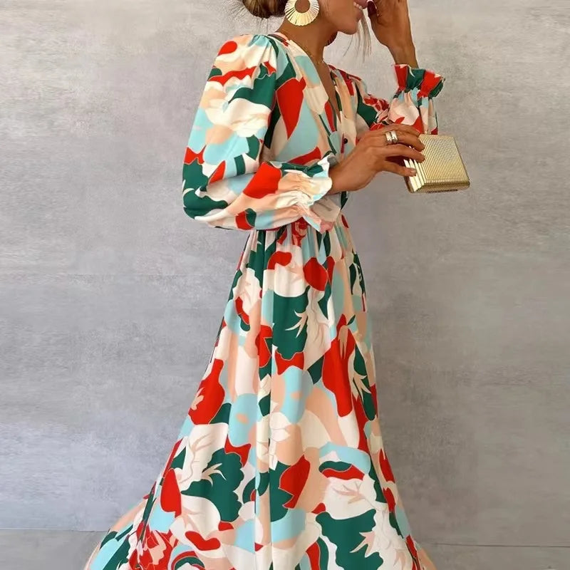 Eva V-Neck Pleated Printing Maxi Dresses