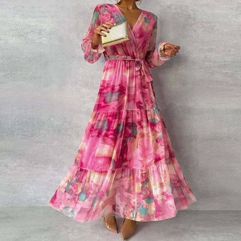 Eva V-Neck Pleated Printing Maxi Dresses