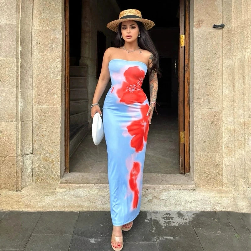 Chic Floral Print Strapless Long Dress