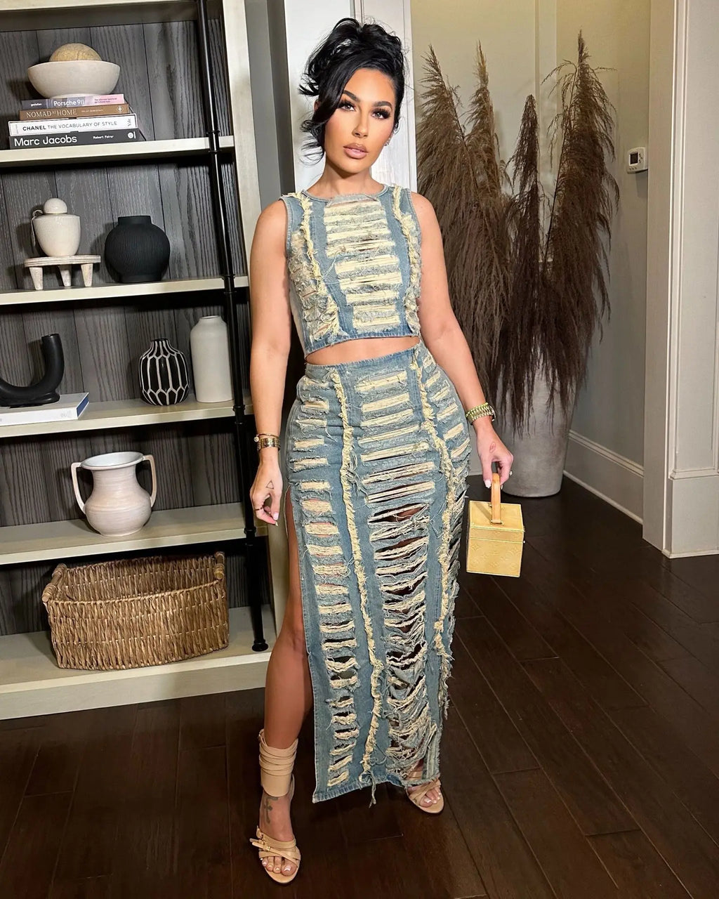 Denim Ripped Vest Slit Skirt Set