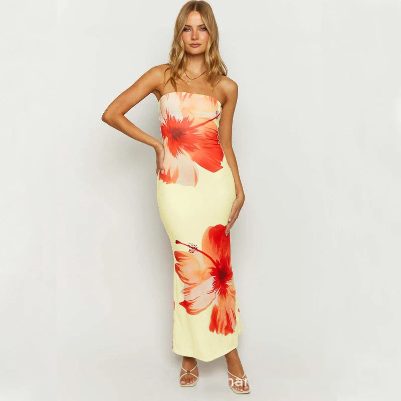 Chic Floral Print Strapless Long Dress