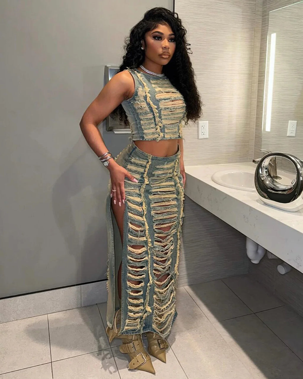 Denim Ripped Vest Slit Skirt Set