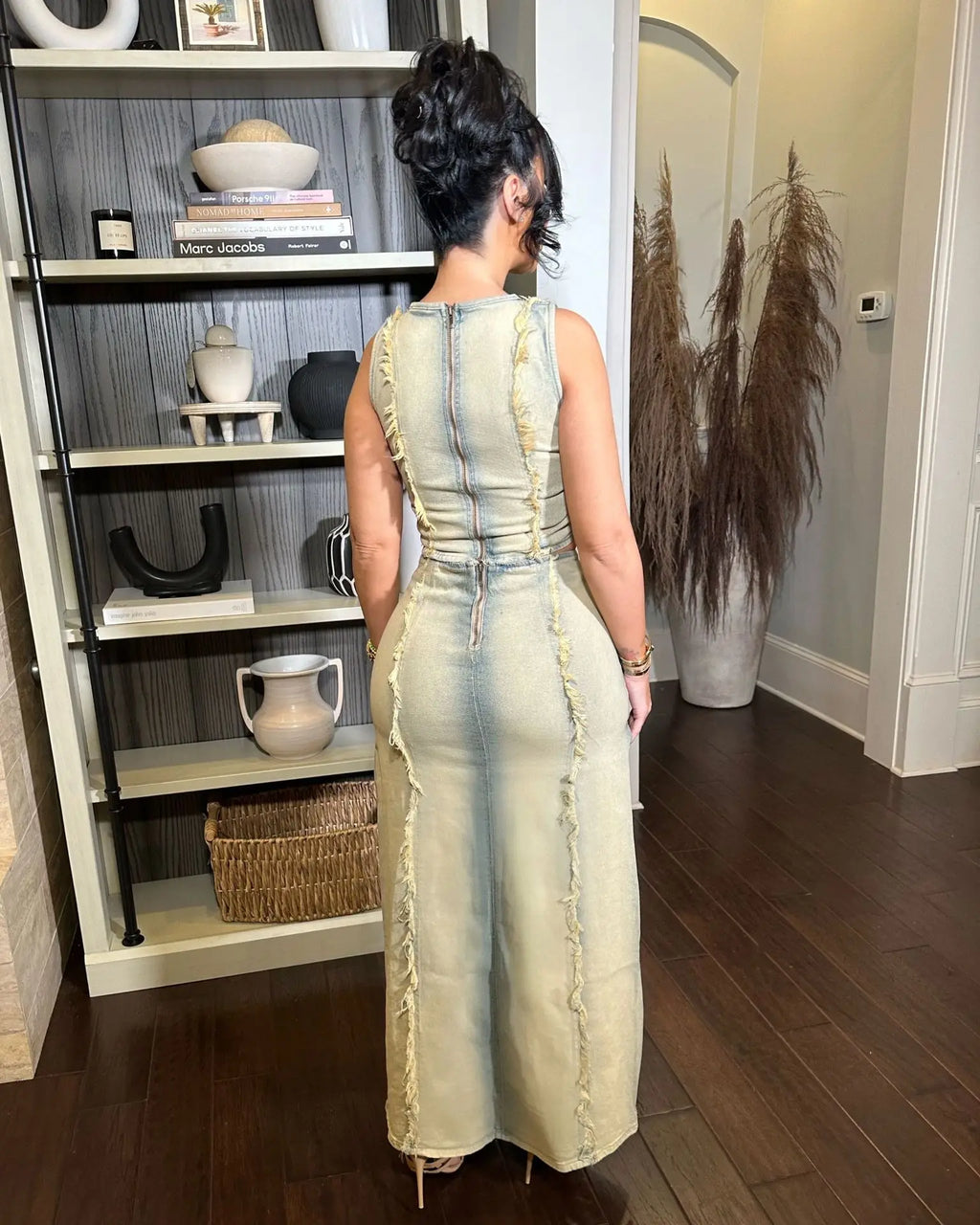 Denim Ripped Vest Slit Skirt Set