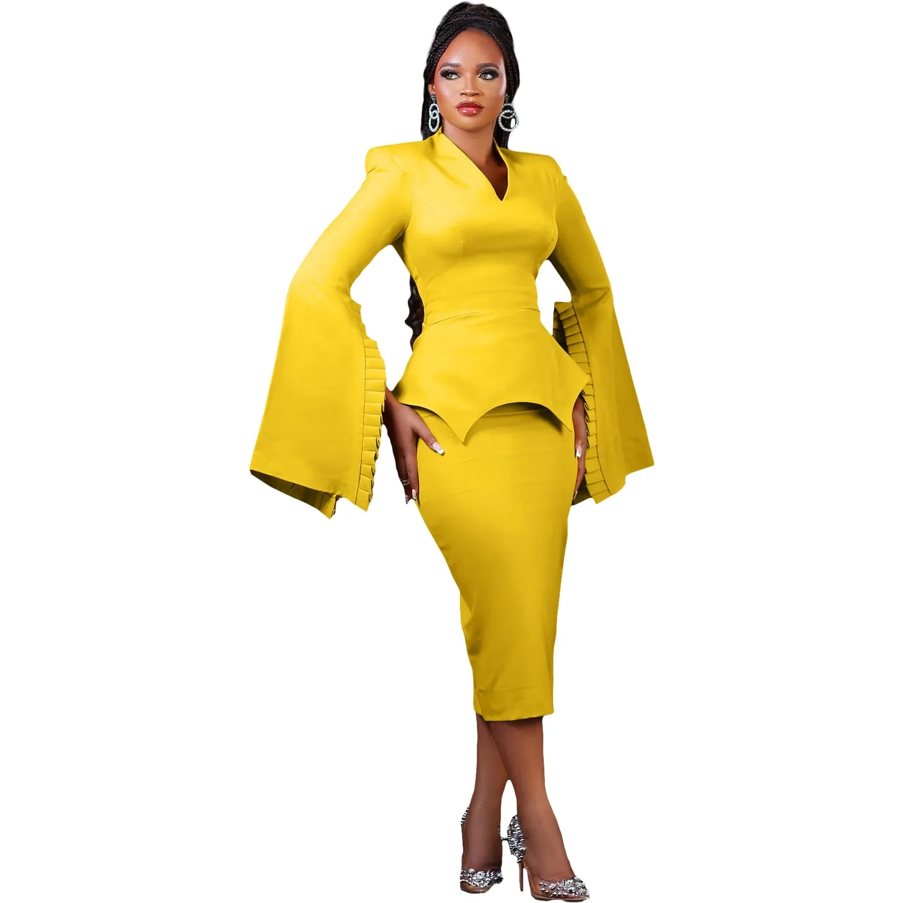 Lilia Lotus Leaf Sleeve V-neck Body Dress