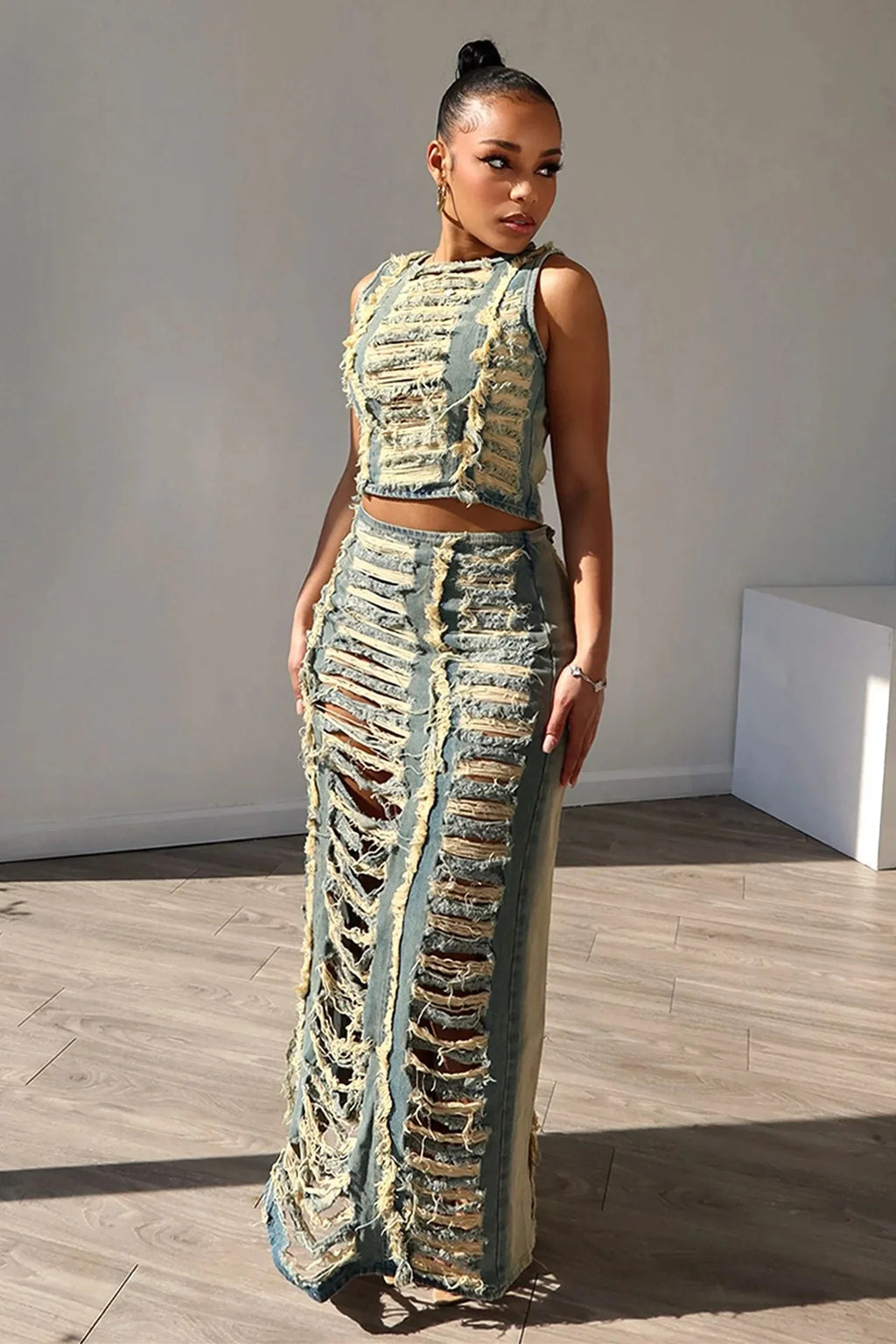 Denim Ripped Vest Slit Skirt Set