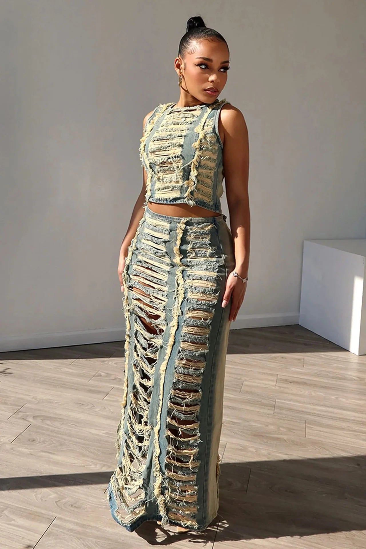 Denim Ripped Vest Slit Skirt Set