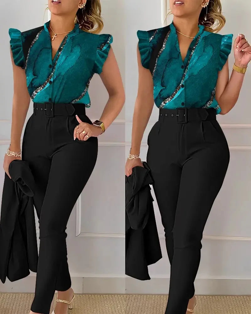 Zenaya Printed Suit Set with Belt