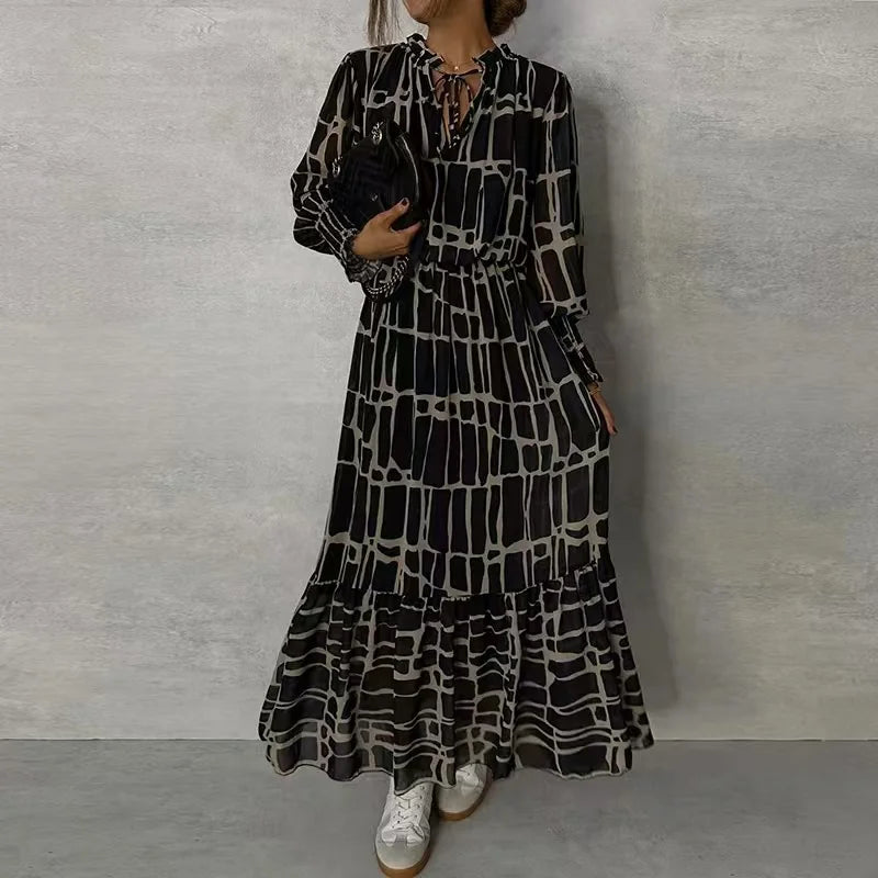 Eva V-Neck Pleated Printing Maxi Dresses