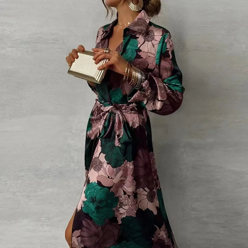 Eva V-Neck Pleated Printing Maxi Dresses