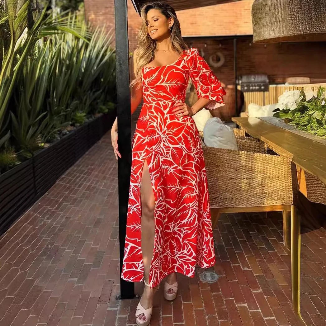 Candie Midi Dress In Red with White Print