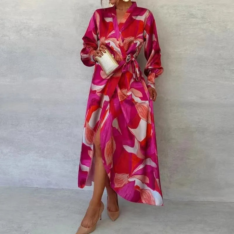 Eva V-Neck Pleated Printing Maxi Dresses