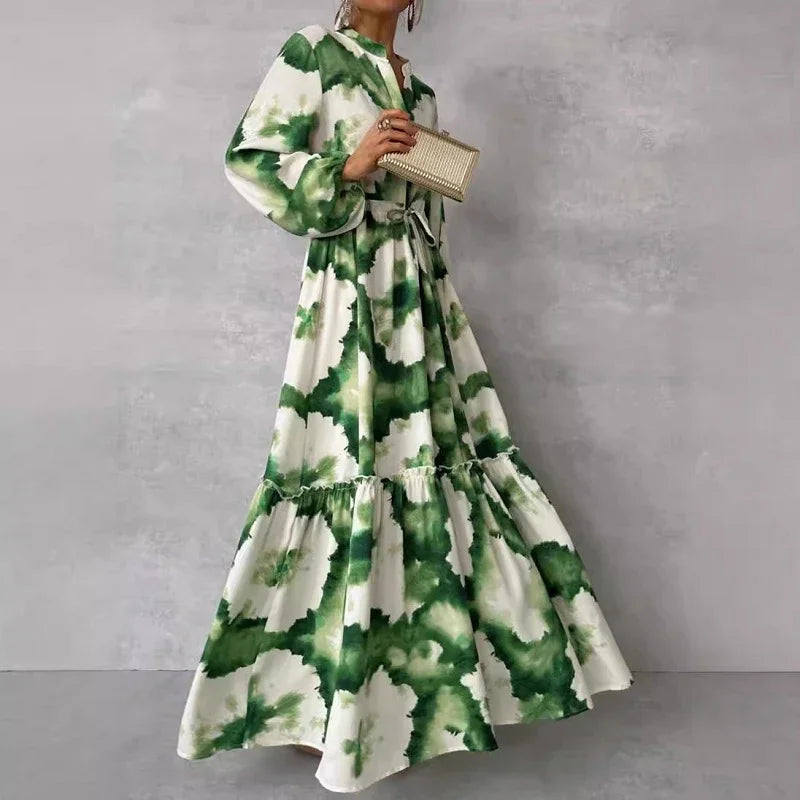Eva V-Neck Pleated Printing Maxi Dresses