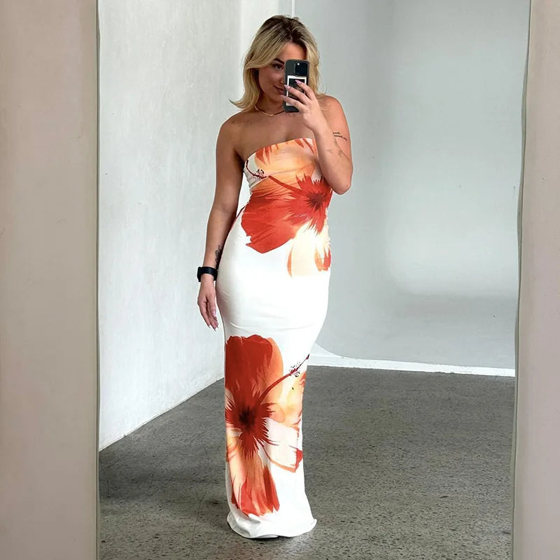 Chic Floral Print Strapless Long Dress