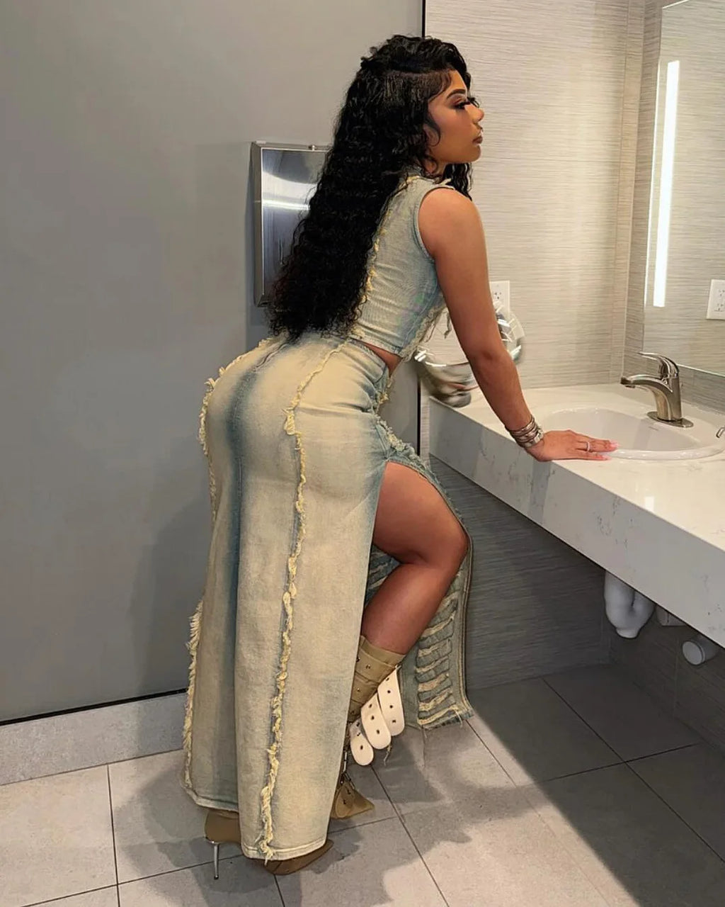 Denim Ripped Vest Slit Skirt Set